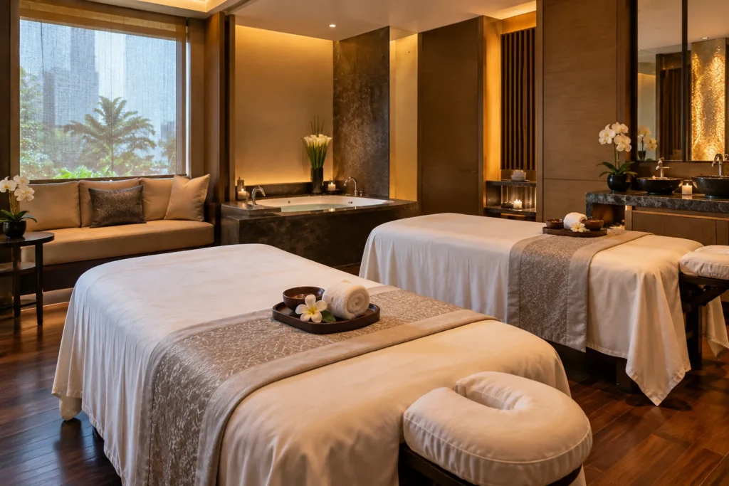 마카티 Fairmont Spa의 고급 호텔 스파 마사지 트리트먼트룸을 참고한 이미지