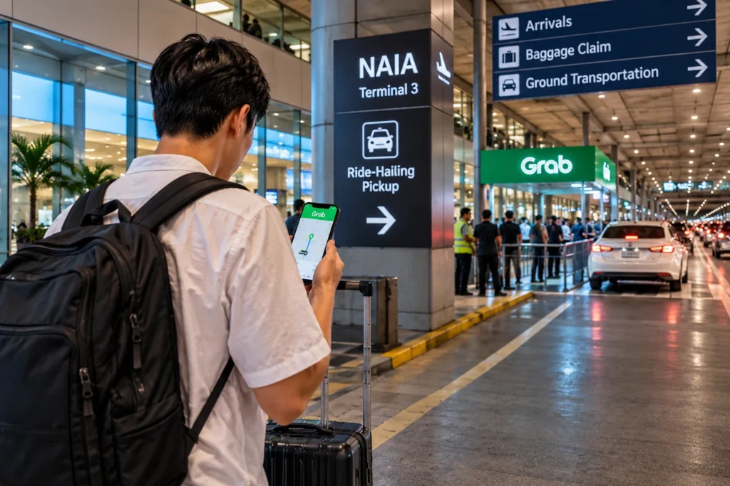 마닐라 NAIA 공항에서 스마트폰으로 Grab 픽업 위치를 확인하는 한국인 여행객
