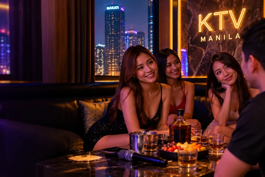 마닐라 KTV 룸에서 일행과 함께 술과 노래를 즐기는 모습