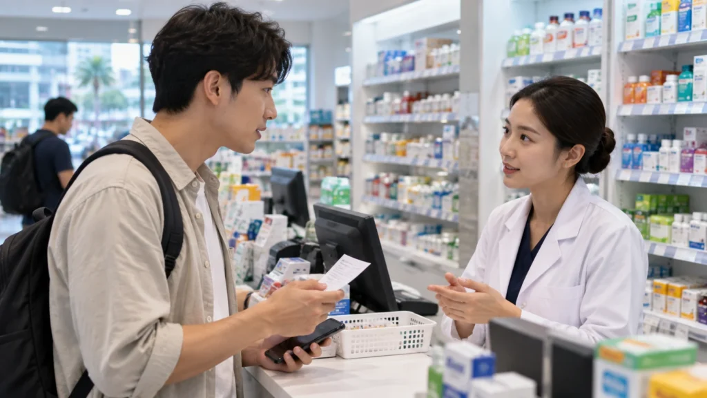 마닐라 약국에서 여행자가 처방전과 휴대전화를 보여주며 약사에게 복용약을 문의하는 모습