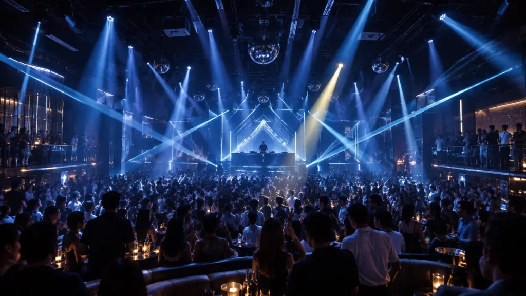 Revel at The Palace BGC의 대형 DJ 무대와 클럽 분위기를 표현한 참고 이미지