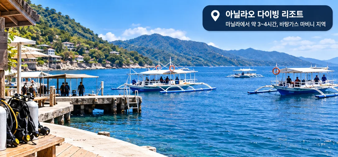 필리핀 바탕가스 아닐라오 해안의 다이빙 리조트와 바다에 정박한 보트