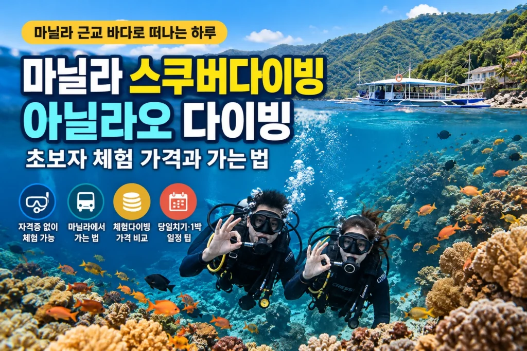 마닐라 근교 아닐라오 바다에서 스쿠버다이빙을 즐기는 다이버 2명과 산호초, 열대어
