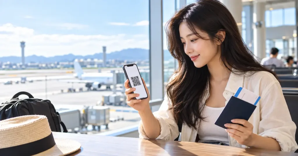 필리핀 여행 전 공항에서 여권을 들고 eTravel QR코드를 확인하는 한국인 여행객